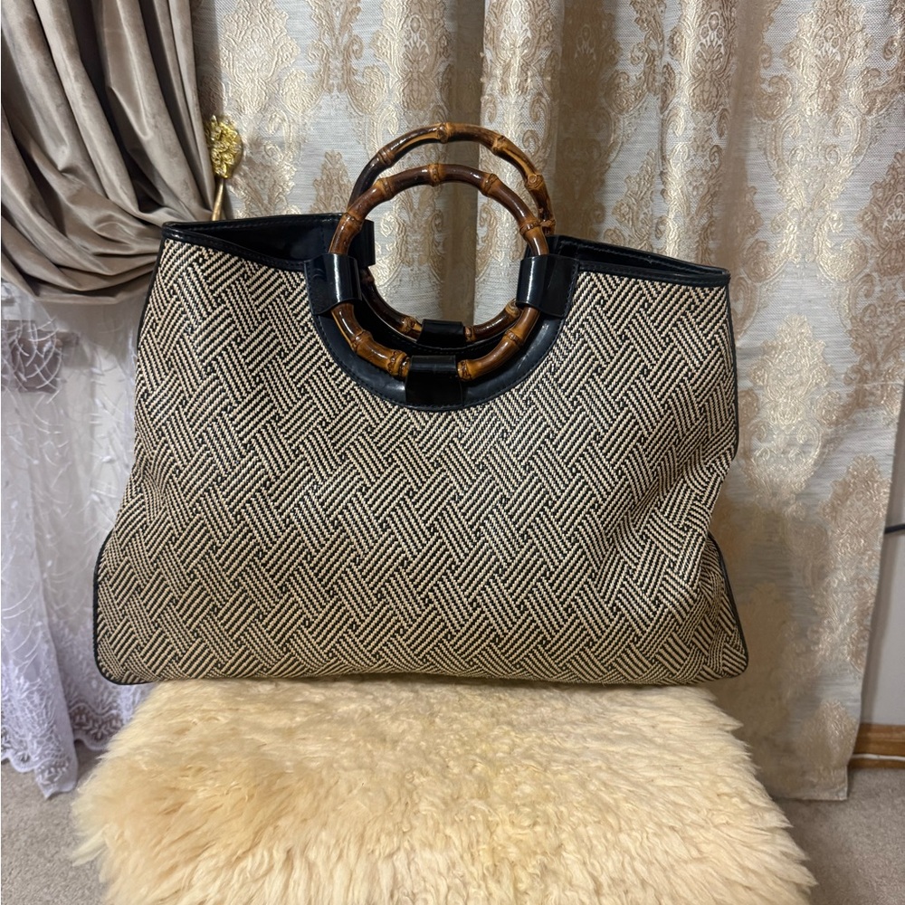 Elegant Vintage Talbots Bamboo-Handle Woven Black and Tan Bag